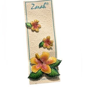 Vintage Zarah Enamel over Silver Hibiscus Earring and Brooch Set - Deadstock 90s